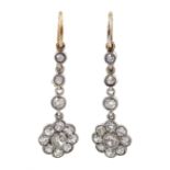 Pair of early 20th century gold and silver milgrain set old cut diamond cluster pendant earrings