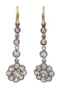 Pair of early 20th century gold and silver milgrain set old cut diamond cluster pendant earrings