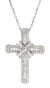 18ct white gold baguette and round brilliant cut diamond cross pendant necklace