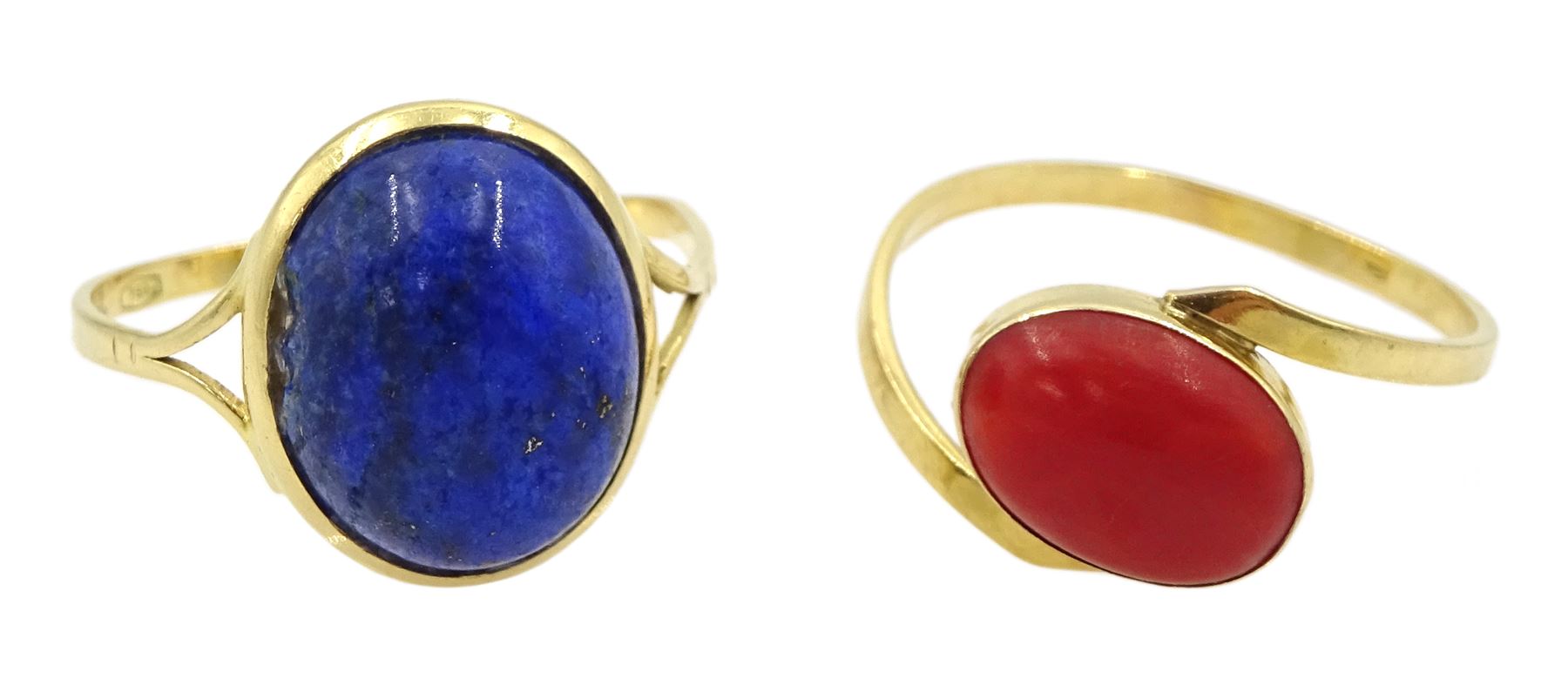 Gold lapis lazuli ring and a gold coral ring