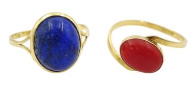 Gold lapis lazuli ring and a gold coral ring