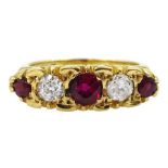 18ct gold five stone round ruby and old cut diamond ring