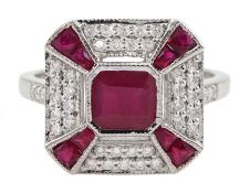 White gold ruby and diamond cluster ring