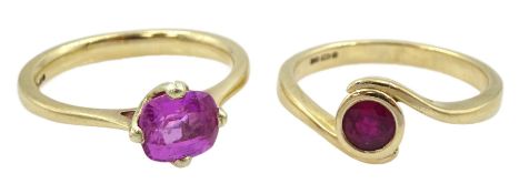 Gold pink sapphire ring and one other red stone set ring