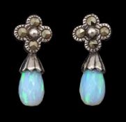 Pair of silver opal pear shaped opal and marcasite pendant stud earrings