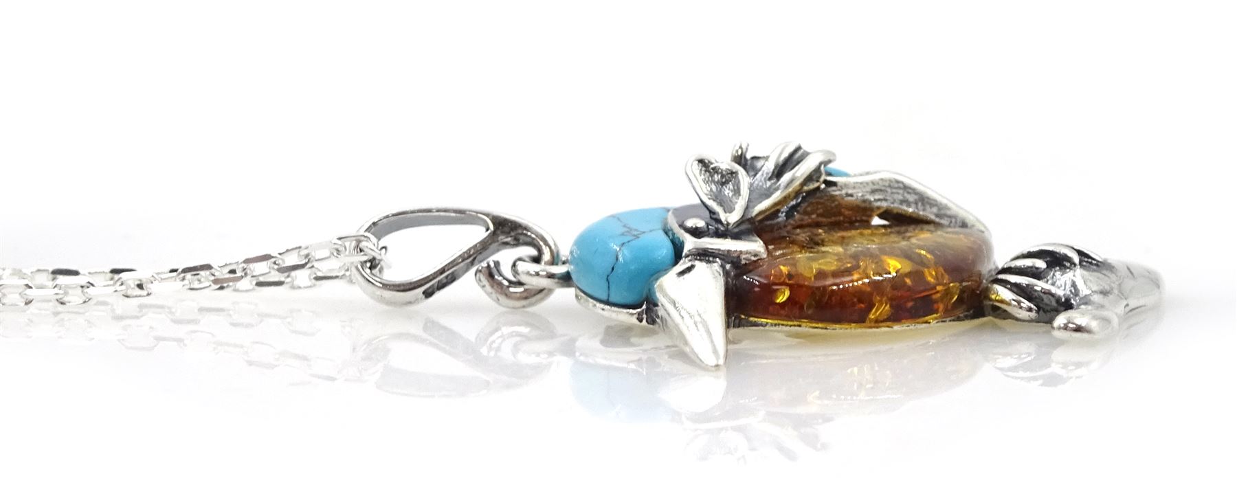 Silver Baltic amber and turquoise kingfisher pendant necklace - Image 2 of 2