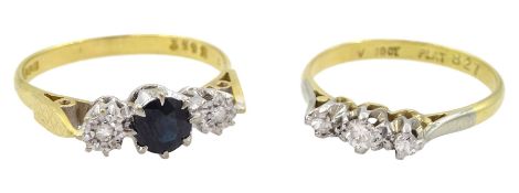 18ct gold three stone round sapphire and illusion set diamond ring