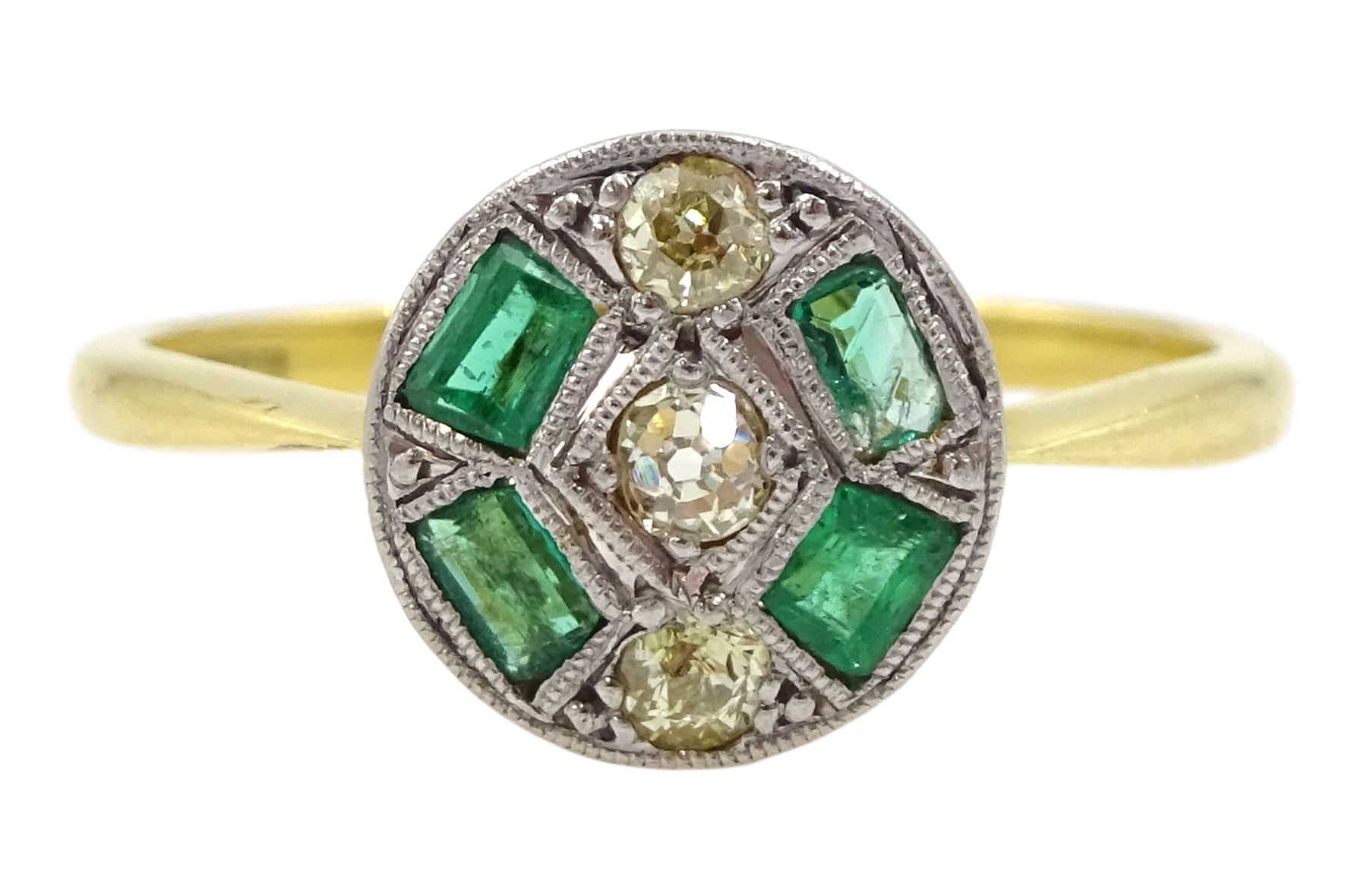 Art Deco old cut diamond and calibre cut emerald target ring