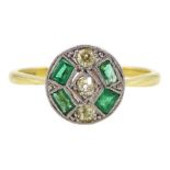 Art Deco old cut diamond and calibre cut emerald target ring