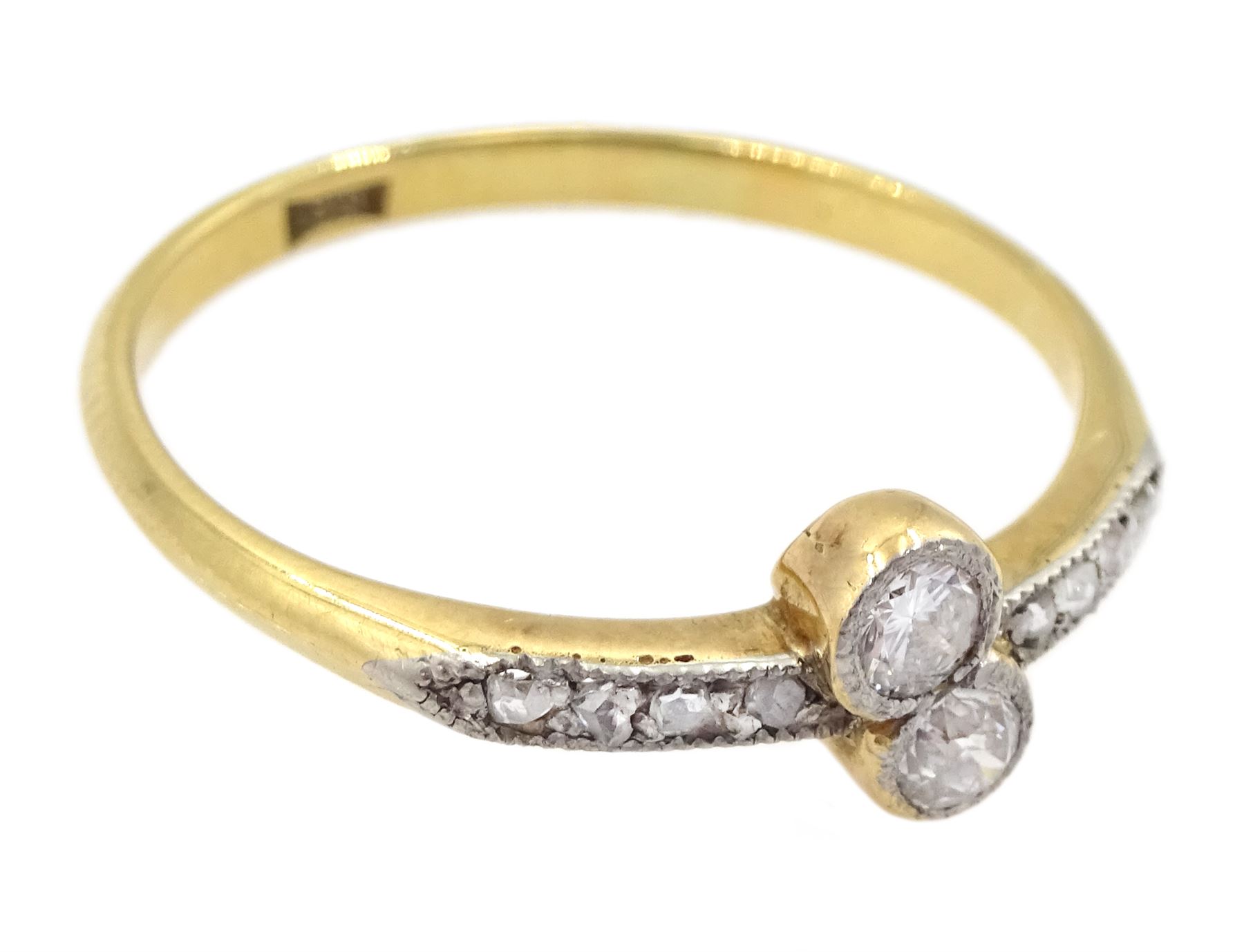 Art Deco 18ct gold milgrain set two stone old diamond crossover ring with rose cut diamond set shoul - Image 3 of 4