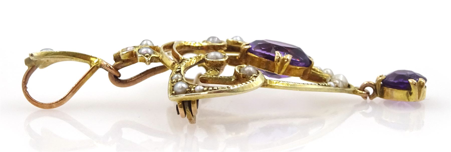 Edwardian gold amethyst and seed pearl pendant/brooch - Image 2 of 3