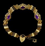 9ct gold three stone oval amethyst gate bracelet