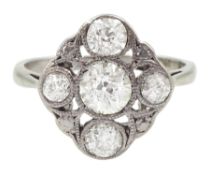 Art Deco 18ct gold and platinum five stone milgrain set old cut diamond openwork ring