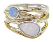 Silver 14ct gold wire round and pear shaped opal openwork ring