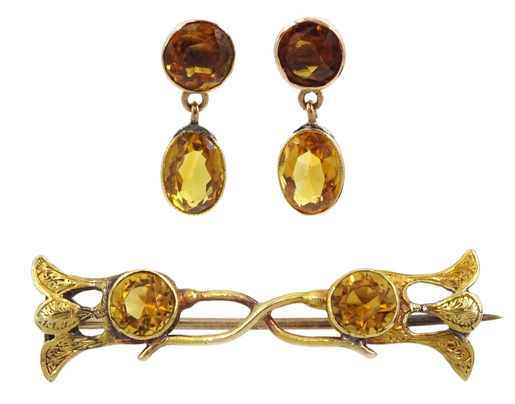 Early 20th century gold citrine brooch and pair of gold citrine pendant stud earrings