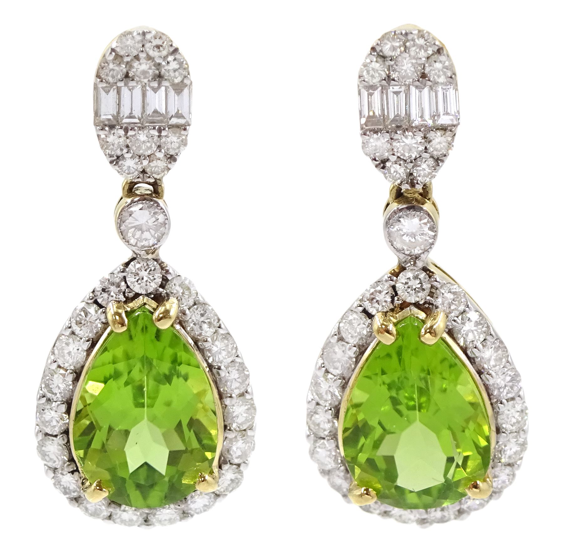 Pair of 18ct gold peridot and diamond pendant stud earrings