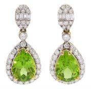 Pair of 18ct gold peridot and diamond pendant stud earrings