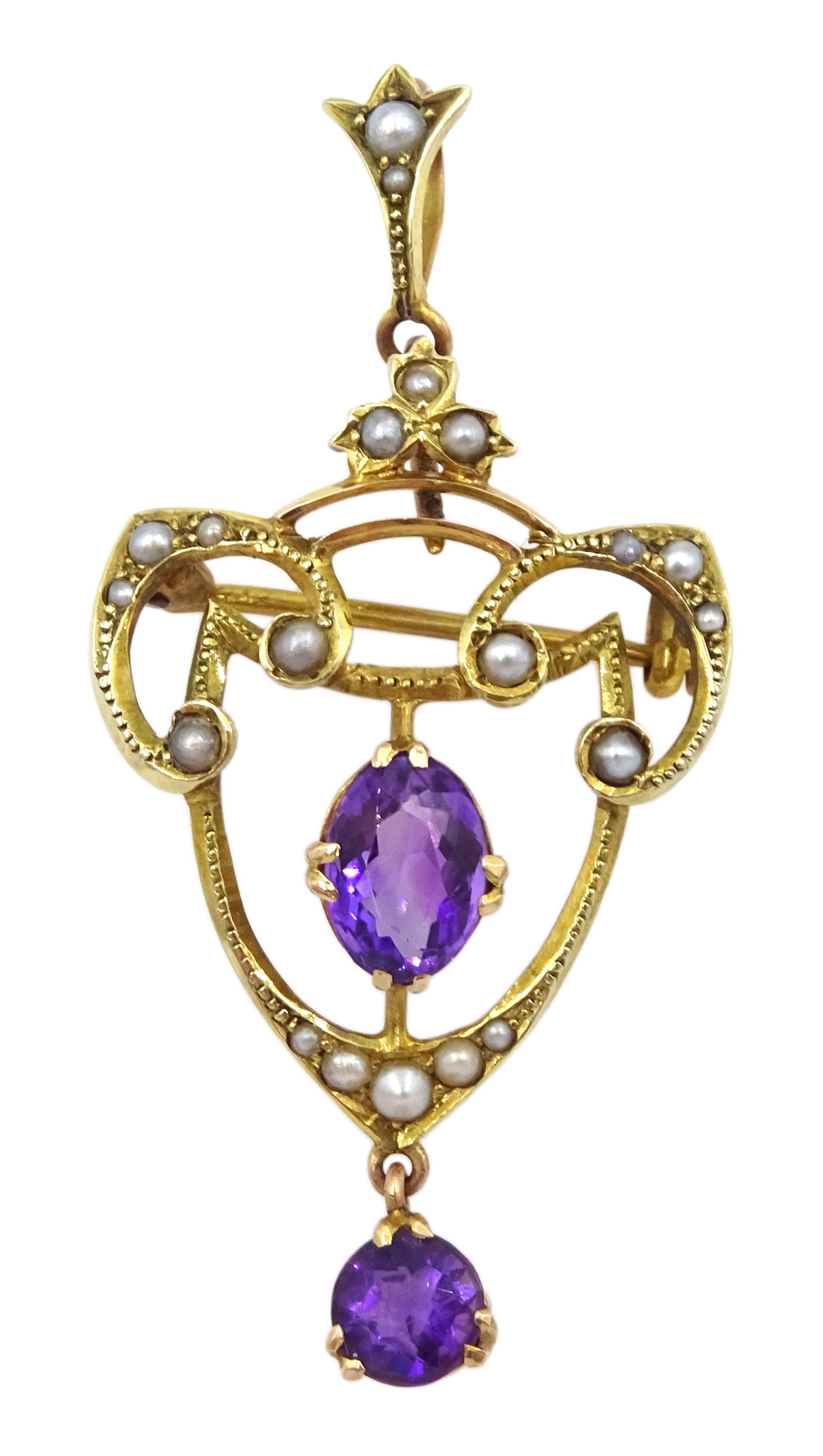 Edwardian gold amethyst and seed pearl pendant/brooch