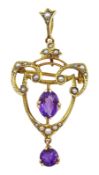 Edwardian gold amethyst and seed pearl pendant/brooch