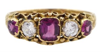 Victorian 15ct gold five stone clear and purple paste ring