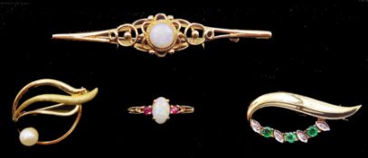 Gold three stone opal and ruby ring and three gold stone set brooches including opal