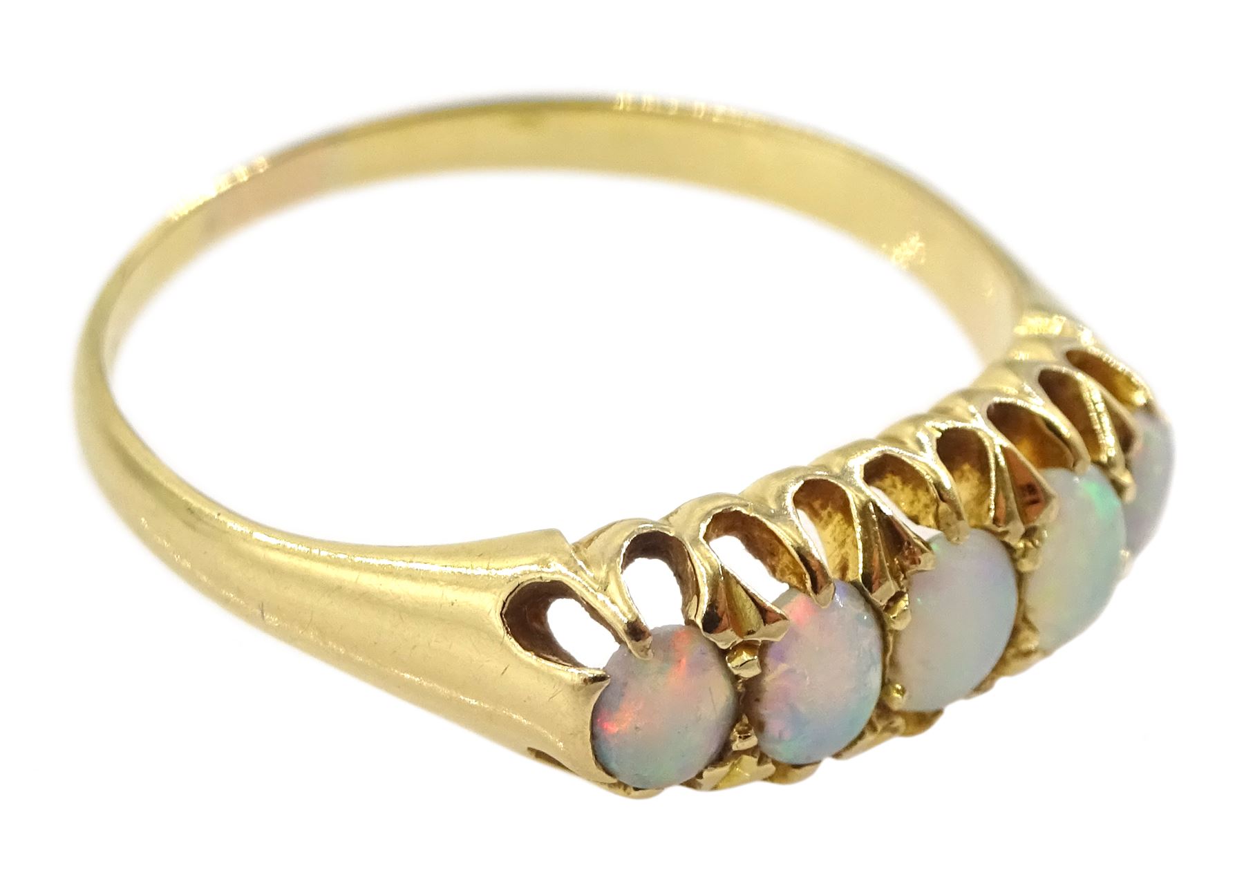 Early 20th century 18ct gold five stone opal ring - Image 3 of 6