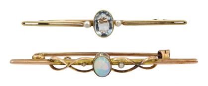 Early 20th century 15ct gold aquamarine and seed pearl brooch and an opal brooch