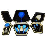 Art Deco thirteen piece silver mounted blue guilloche enamel dressing table set