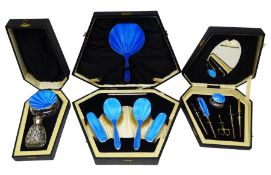 Art Deco thirteen piece silver mounted blue guilloche enamel dressing table set