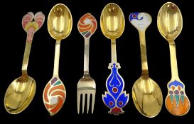 Collection of six Danish silver-gilt year spoons/forks by Anton Michelsen