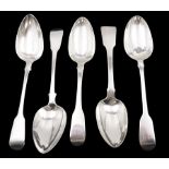 Five silver Fiddle pattern table spoons