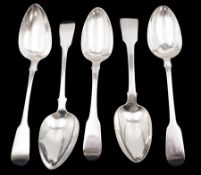 Five silver Fiddle pattern table spoons