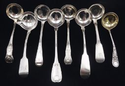 Collection of eight 19th century silver ladles/sifting spoons