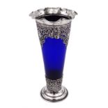 Victorian silver mounted blue glass trumpet vase