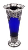 Victorian silver mounted blue glass trumpet vase