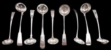 Nine George III Scottish silver toddy ladles