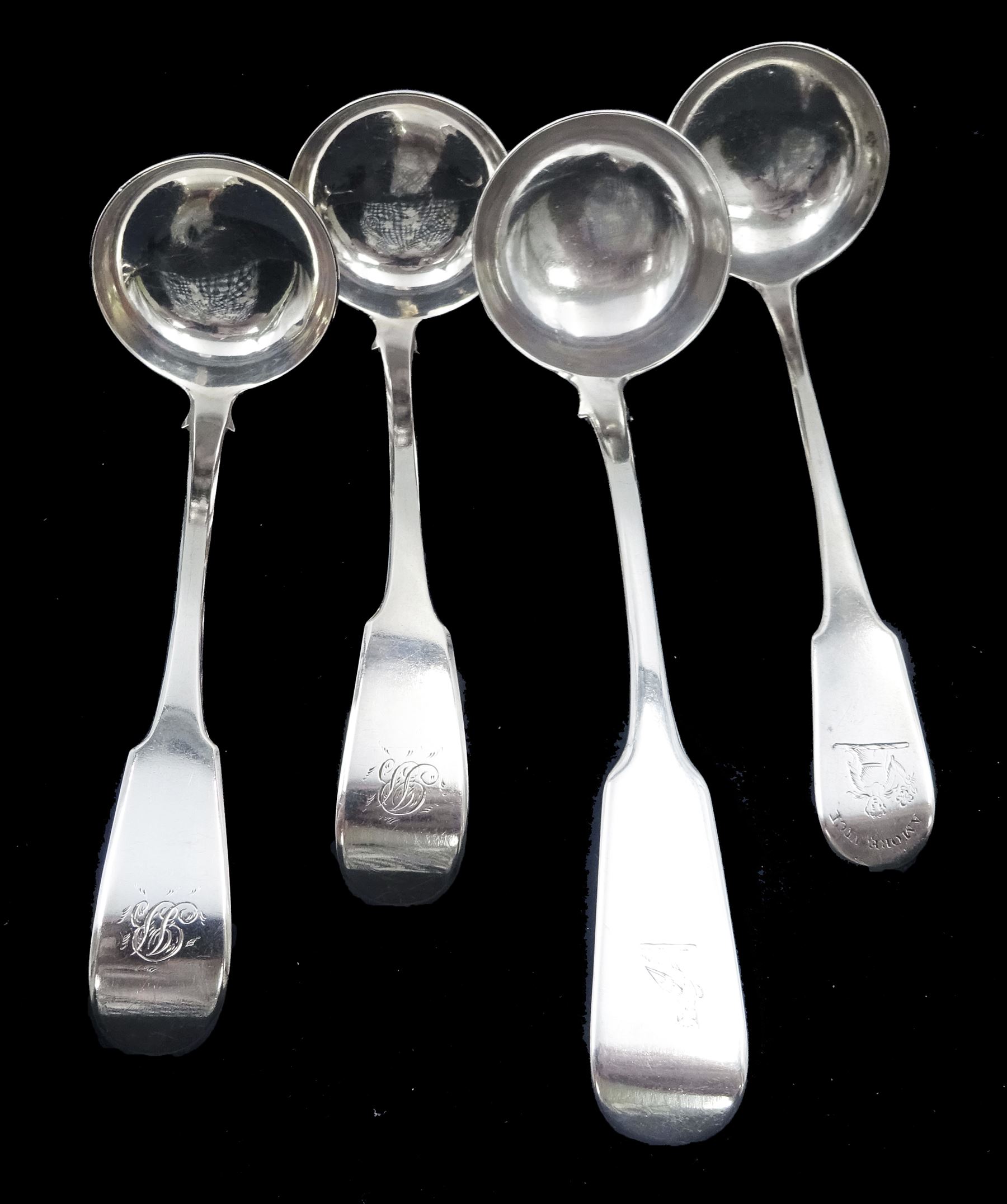 Four Scottish silver Fiddle pattern toddy ladles
