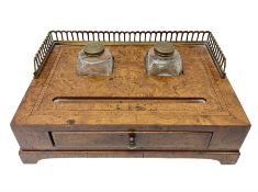 Victorian style inlaid burr elm desk stand with two inset ink wells