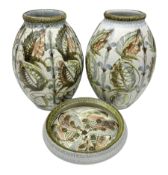 Pair of Denby Glyn Colledge stoneware vases of ovoid form with floral decoration over cream ground