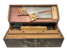Large wooden tool box and carpenters tools