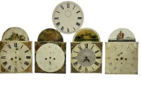 Four 13� painted 19th-century break arch longcase clock dials with one circular 12� American wall cl