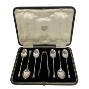 Set of six silver teaspoons and pair of sugar tongs by Cooper Brothers & Sons Ltd