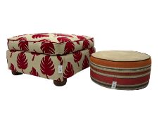 Square footstool upholstered in cream and red leaf patterned fabric (W82cm H35cm); and circular pouf