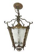 Edwardian floral cast gilt brass hall lantern of tapered pentagonal form