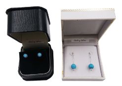 Pair of silver turquoise pendant stud earrings and a pair of opal stud earrings