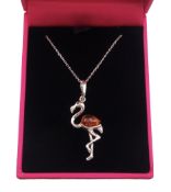 Silver Baltic amber flamingo pendant necklace