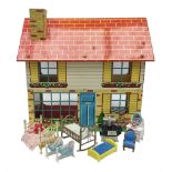 Mid-century Marx style tin dollhouse and quantity of dolls house furniture