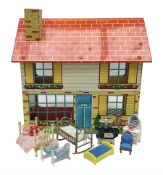 Mid-century Marx style tin dollhouse and quantity of dolls house furniture