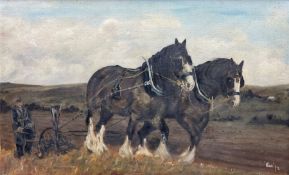 English School (20th century): Heavy Horses Ploughing