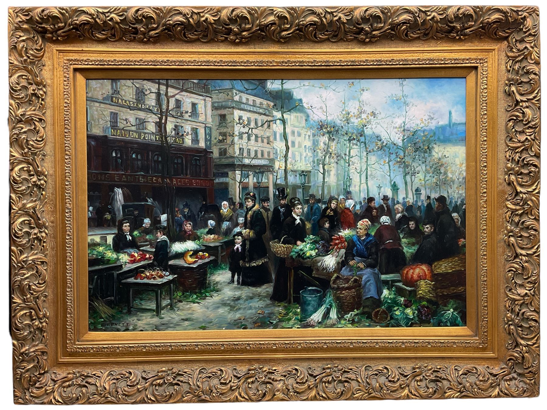 E R Brett (Continental 20th century): French Market Scene - Image 3 of 3